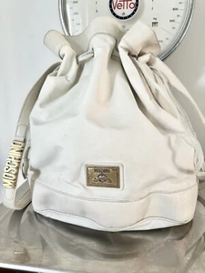 Moschino Bucket Bag Vintage White Nylon Leather Drawstring Gold Letters 1980s - Picture 1 of 24