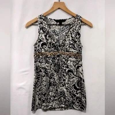 Camiseta sin mangas Express floral de seda para mujer XS blanca negra herrajes artísticos boho retro Foto 1 de 4