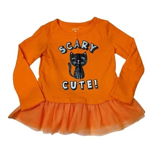 Carter's Scary Cute! Black Cat L/S Orange Shirt w/ Tulle Fringe Halloween - Picture 1 of 3