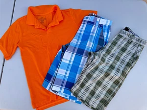 Volcom Montage Glory 2 Shorts & 1 T-shirt Polo size 10-12 L 12 Plaid Orange - Picture 1 of 7