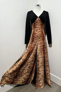 70s ALGO MOD/GOGO BLACK & BROWN TIGER PRINT NYLON WIDE PALAZZO LEG JUMPSUIT - Picture 1 of 8