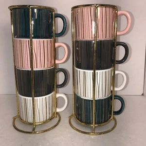 🌹 Coco & Lola Stackable Small Mugs. 8 Mugs. Chrome Holder. Vintage gold trim - Picture 1 of 6