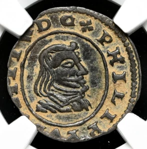 COLONIAL ERA SPAIN. Philip IV, 1621-1665. 8 Maravedis, 1662, NGC AU55 BN - Picture 1 of 4