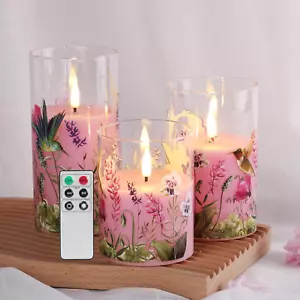Pink Hummingbird Glass Flameless Candles with Remote, Flickering Battery Floral - Picture 1 of 11