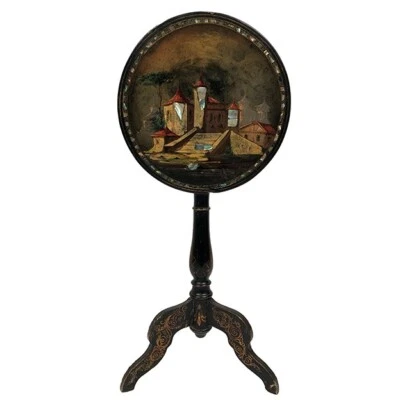 Petit guéridon basculant Napoléon III, bois laqué à décor de paysage et burgots - Photo 1/4