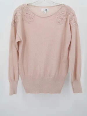 ELLE Pullover Sweater Women Size Medium Fuzzy Pink Lace Applique Long Sleeve - Image 1 of 4