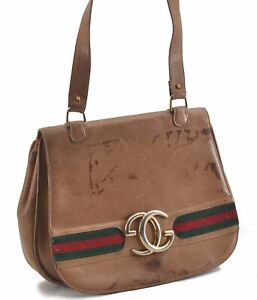 Authentic GUCCI Web Sherry Line Shoulder Cross Bag GG Leather Brown D7693
