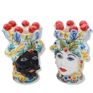 Coppia Teste di Moro in ceramica Caltagirone con Corona e Turbante, decoro flore - Imagen 1 de 7
