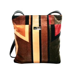 SHARIF Medium Slim Multicolor Patchwork Velvet Shoulder Bag Crossbody Brown Gold - Picture 1 of 8