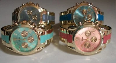 Mujer Negro, Como Nuevo, Gris, Coral y Oro Acabado Brazalete Brazalete Moda Reloj Informal Foto 1 de 3