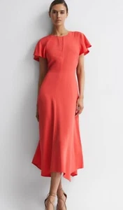 REISS Eleni Coral Open Back Midi Party Dress Crepe Cap Sleeve Size 14 NEW - Picture 1 of 16