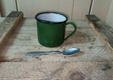 Original USSR Metal Mug Soviet Russian Army Soldier Vintage Enameled Cup + Spoon