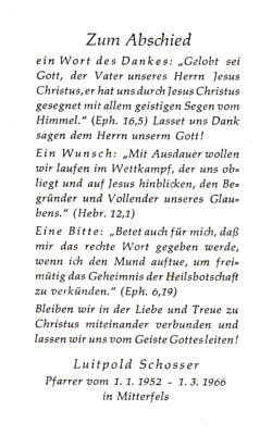 Totenzettel Luitpold Schosser, Pfarrer in Mitterfels 1966, Bay. Wald - Bild 1 von 2