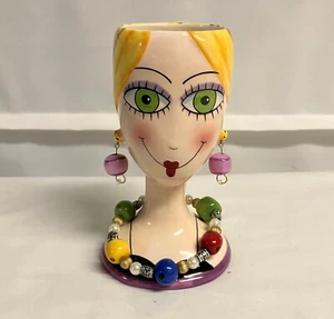 Babs Ceramic Green Eyed Dressed Up Lady  w/ Beaded Necklace & Earrings! - Picture 1 of 10