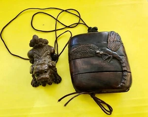 Japanese Boxwood Netsuke Dragonfly Sagemono Ojime Turtle Bead  Lion Dog - Picture 1 of 9