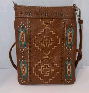 Bolso Bandolera Estilo Azteca Western Tachonado Marrón Bordado Correa 8"x6" - Imagen 1 de 15