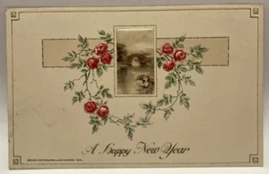 Winsch 1914, Feliz Año Nuevo, Corona Rosa Roja, Postal de Vacaciones de Colección - Imagen 1 de 2