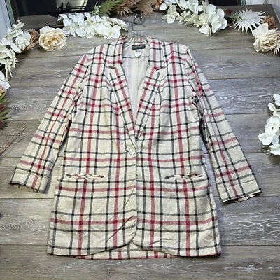 Chaqueta Blazer Requisitos Talla 10 Forrada Lino a Cuadros Beige Rojo Mujer Hecha en EE. UU. Foto 1 de 4