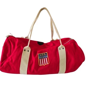 Vintage Red Canvas Duffle Bag Red USA Poland Patches - Shows Wear - Picture 1 of 12
