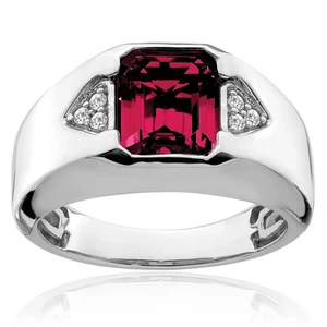 14K Solid White Gold Emerald-Cut Lab Ruby Diamond Mens Ring - Picture 1 of 80