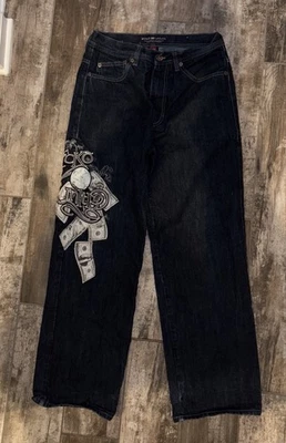 Мужские джинсы Ecko Unlimited 32 Dark Wash мешковатый крой вышитые деньги Southpole Y2k - Изображение 1 из 4