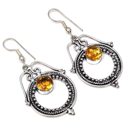 Pendientes de joyería de plata hechos a mano con piedras preciosas de cuarzo citrino de 1,5"" Foto 1 de 4