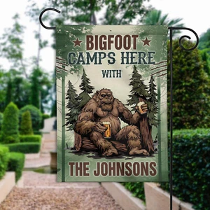 Personalized Bigfoot Camps Here With Us Flag, Funny Bigfoot Camping Camper Flag - Picture 1 of 6