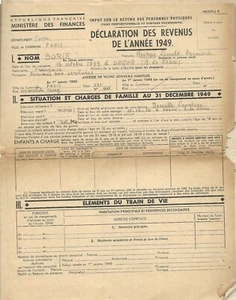 DIVERS Déclaration complète des revenus de l´année 1949 - Foto 1 di 1