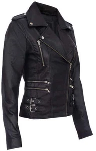 Women's Real Sheepskin Leather Jacket Biker Style Motorcycle Slim Fit Black - Picture 1 of 7