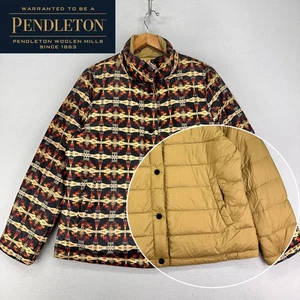 Pendleton Down Puffer Coat Womens L Tan Black Aztec Southwestern Reversible - Picture 1 of 15
