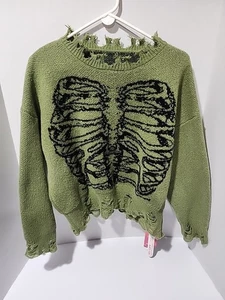 Women's Oversized Skeleton Pattern Ripped Round Neck Sweater XS Us 2 Green - Picture 1 of 9