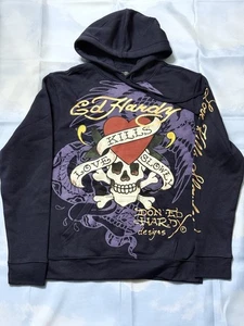 Ed Hardy Tatuaje Arándano Sudadera con Capucha Love Kills Lentamente Calavera y Hueso Cruzado Para Hombres Talla M - Imagen 1 de 4