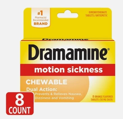 Dramamine Motion Sickness Relief противорвотные оранжевые жевательные таблетки 8 шт 2 упаковки - Изображение 1 из 3