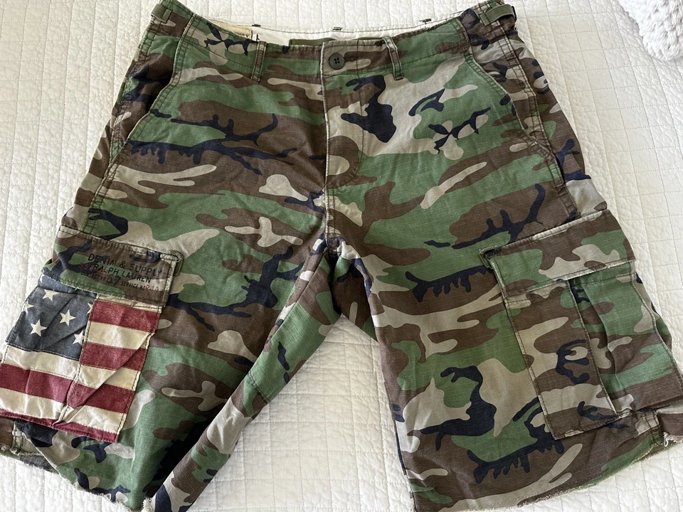 Denim Supply Ralph Lauren Cargo Shorts Mens 34 Green Camo American Flag Polo - Image 1 of 4