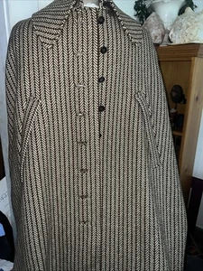 Vintage Wool Herringbone Poncho Cape Cloak  Button Front Oversized Retro Jacket - Picture 1 of 9