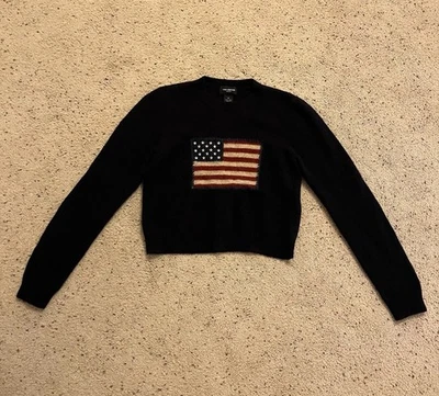 Винтажный ограниченный 100% шерсти свитер американский флаг дизайн темно-синий женщин M - Изображение 1 из 4