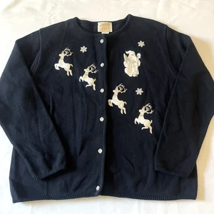 TIA DESIGNS Vintage Black Silver Embroidered Santa Reindeer Cardigan Sweater L - Picture 1 of 5