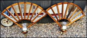Pair Vtg Wooden FANS w/ MIRROR Wall SCONCES w/ GLASS CUPS Taiwan - Picture 1 of 8