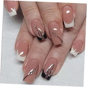 Square Press on Nails Rhinestone Black Fake Nails Tips Women's French False - Picture 1 of 7