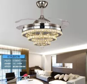 Modern 42"Crystal Ceiling Fan Light Silver LED Chandelier Remote Control Lamps - Picture 1 of 6