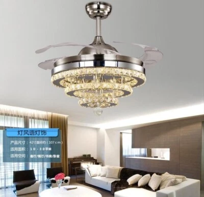 Modern 42"Crystal Ceiling Fan Light Silver LED Chandelier Remote Control Lamps - Image 1 of 4