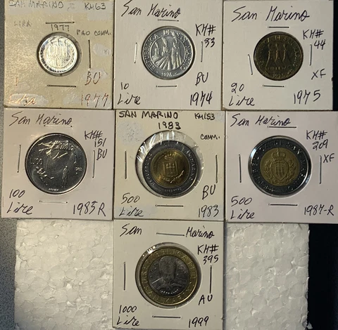 1974 - 1999 San Marino 1, 10, 20, 100, 500 & 1000 Lire XF - BU 7 Coin Lot Cover