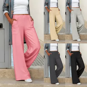 Women Long Pants Wide Leg Pants Straight Trousers Cargo Pants Elastic Waist + - Picture 1 of 19