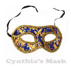 Blue and Gold Venetian Masquerade Mask w/Rainbow Trim Party Prom Mardi Gras 