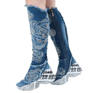 Denim Boots Shoes, Platform Boots, Handmade Women's Shoes / Birthday Gift - Picture 1 of 9