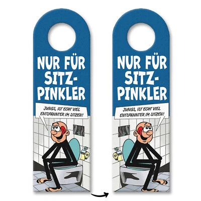Bitte im Sitzen pinkeln Türhänger im Comic-Stil in blau - Bild 1 von 4