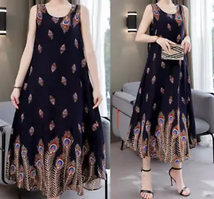 Spring/Summer Casual Women Sleeveless Round Neck Maxi Lightweight Peacock Dress - Picture 1 of 3
