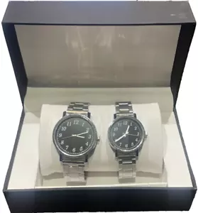 NEW IN BOX 38MM HIS & HER ADULT CHROME MATCHING WRIST WATCH - Picture 1 of 8