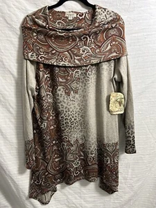 One World Embellished Tunic Top Women's Cowl Neck Leopard Paisley Print Size 1X - Picture 1 of 9