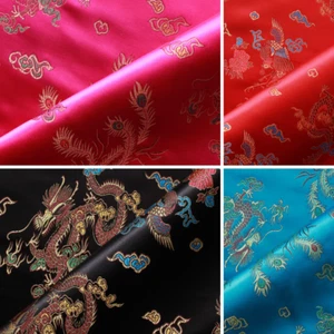 Chinese Embroidered Brocade Fabric 100% Polyester Silky Satin Dragon Floral - Picture 1 of 5